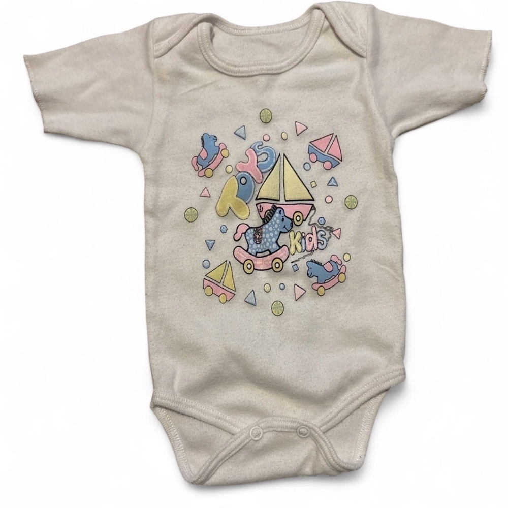 Vintage Baby One Piece Rocking Horse Toy Print Infant White Bodysuit Retro 3-6M